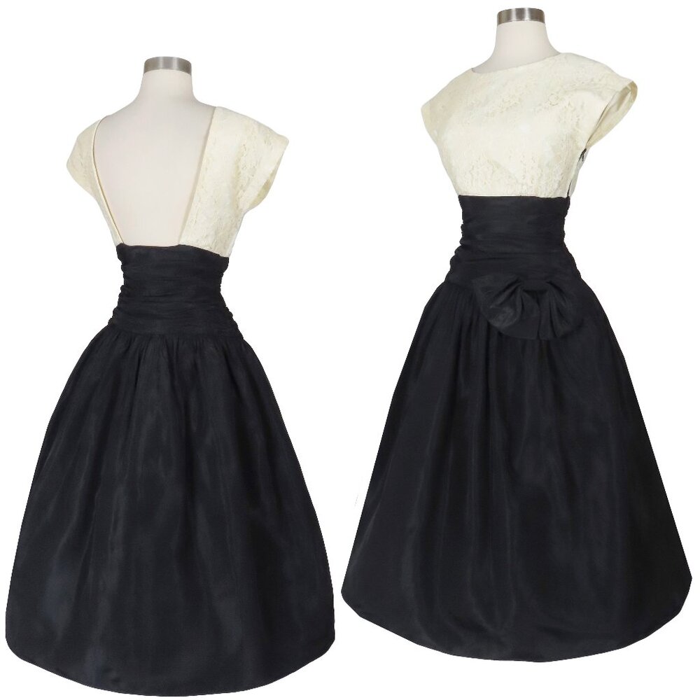 Vintage 80s Off White Cream Lace Black Taffeta Full Skirt Prom Party Dress S M